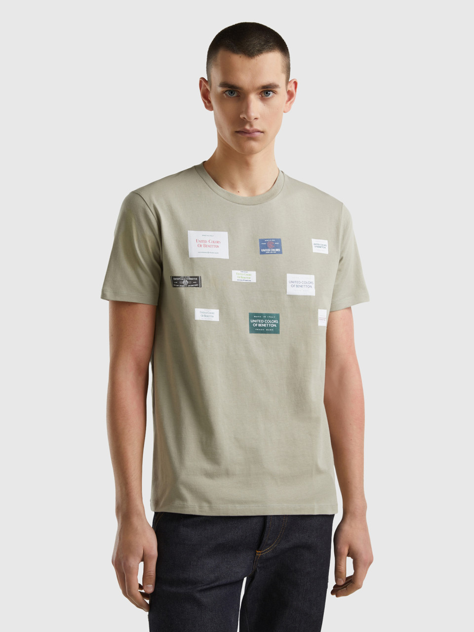 Benetton, T-shirt Regular Fit Mit Print, Hellgrün, male