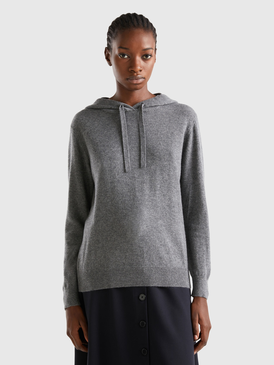 Benetton, Dark Gray Sweater With Hood, Dark Gray, Women