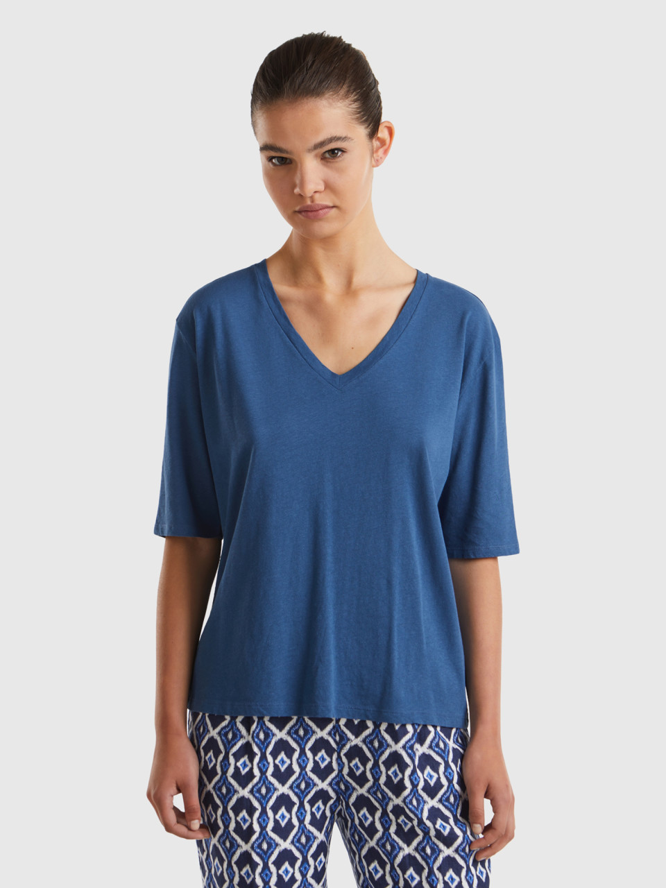 Benetton, T-shirt In Cotton And Linen Blend, Air Force Blue, Women