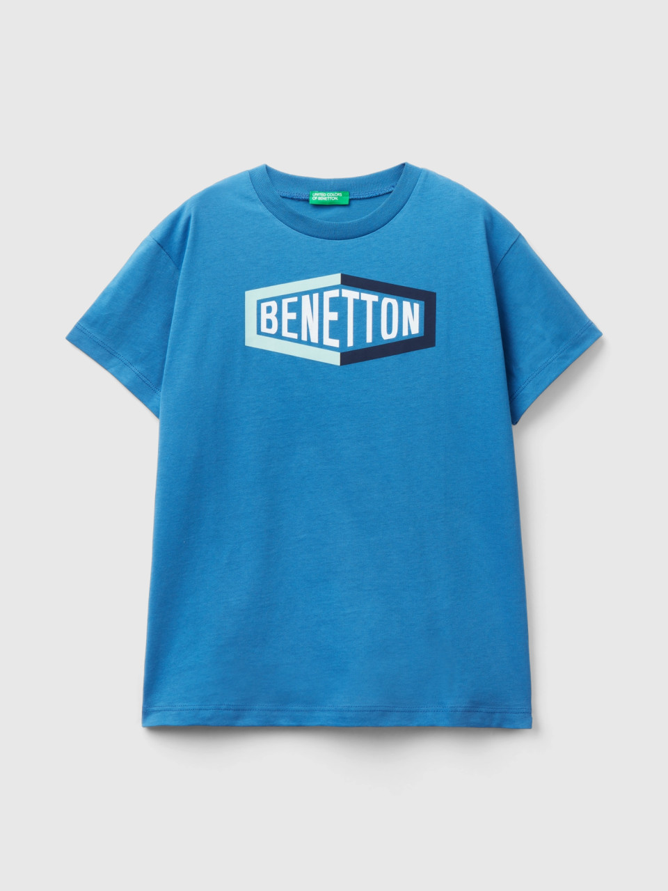 Benetton, 100% Organic Cotton T-shirt With Logo, Blue, Kids