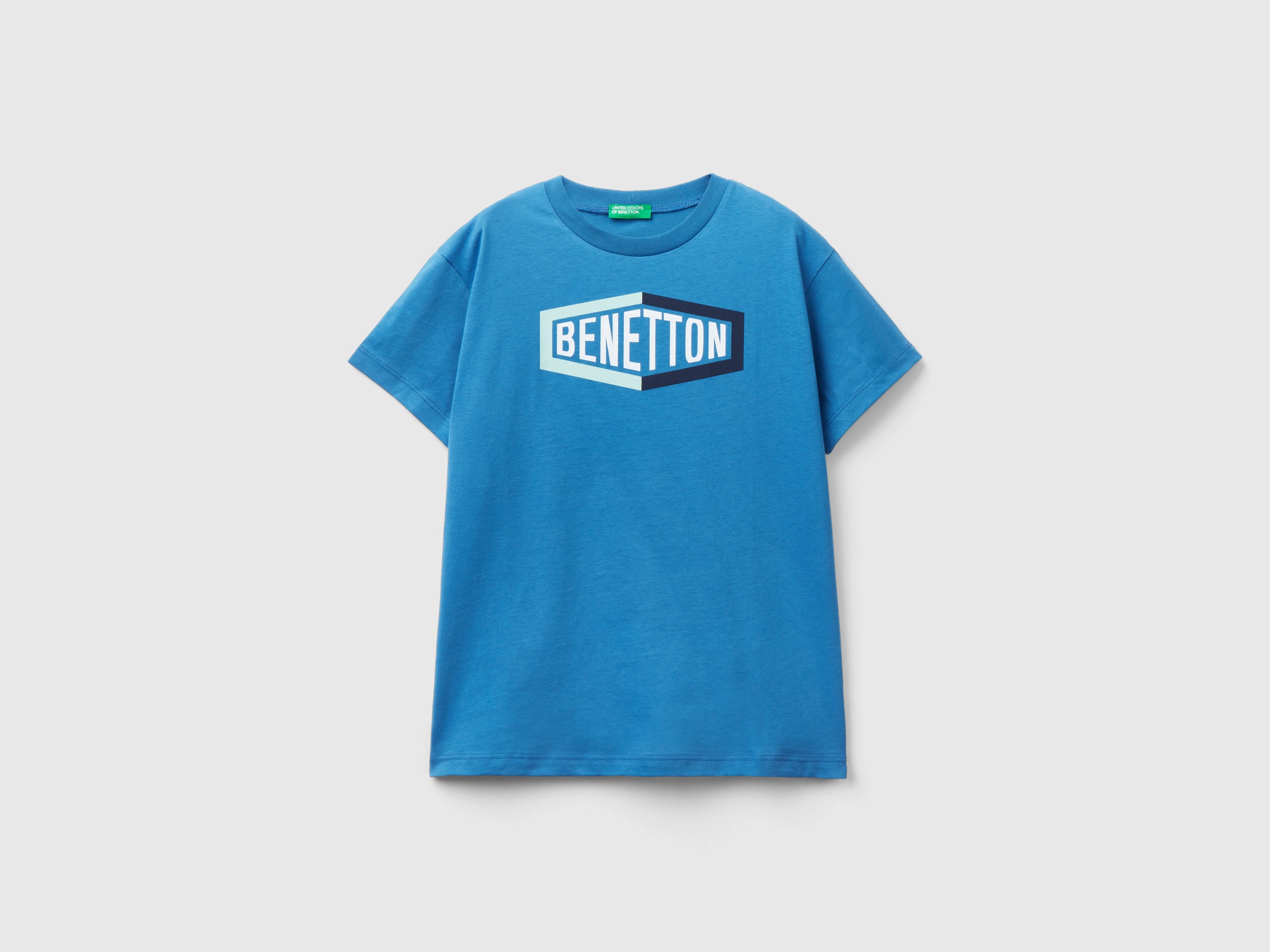 Image of Benetton, 100% Organic Cotton T-shirt With Logo, size S, Blue, Kids