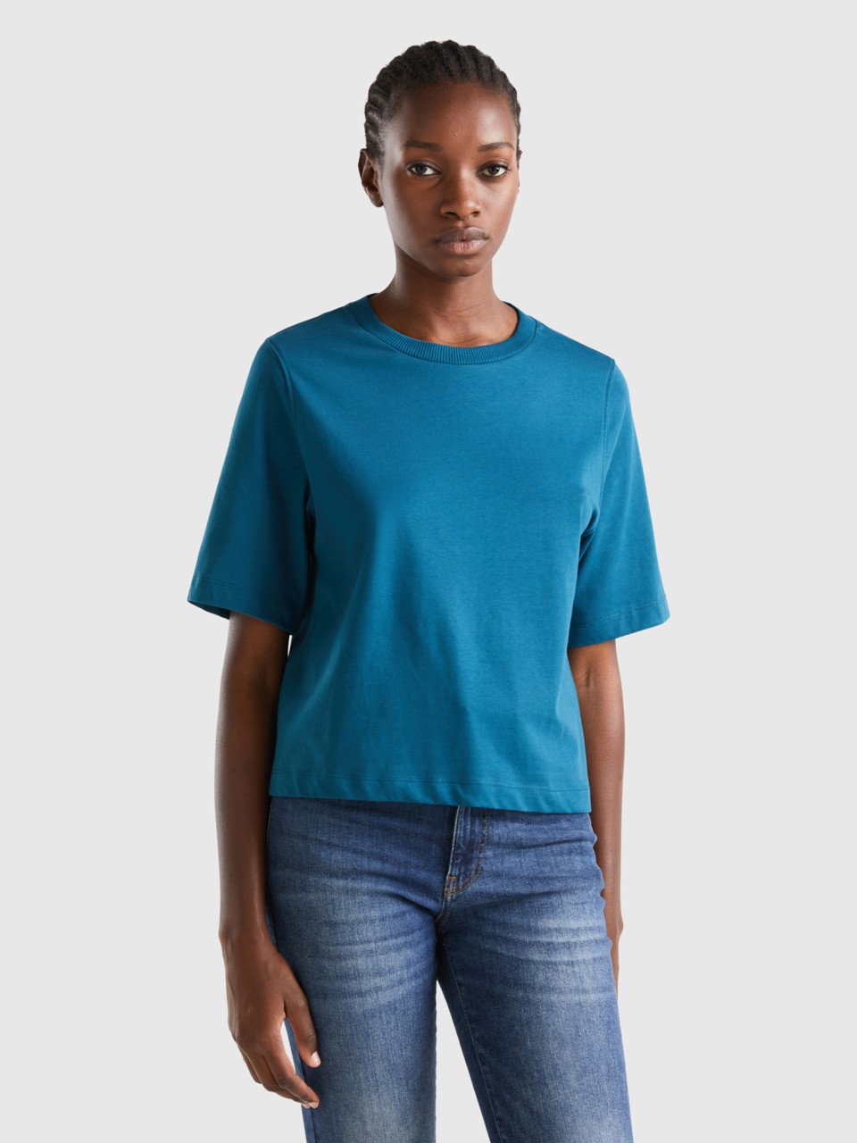 Benetton, 100% Cotton Boxy Fit T-shirt, Teal, Women