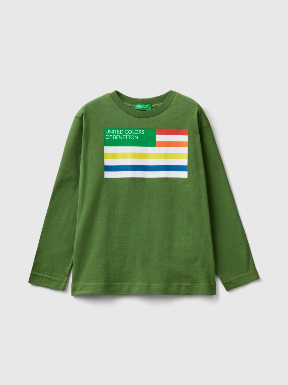 Benetton, T-shirt À Manches Longues En Coton Bio, Kaki, Enfants