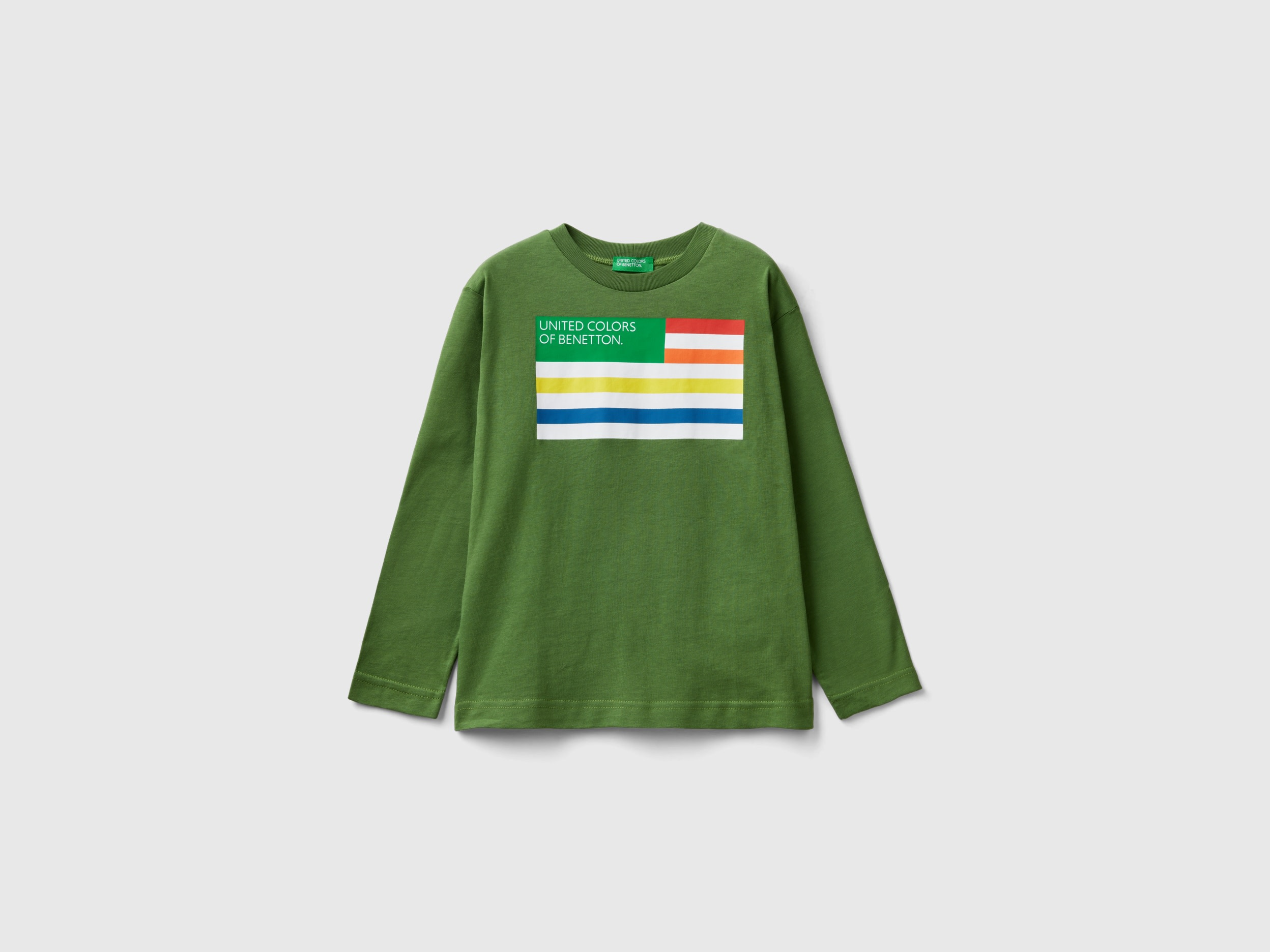 Image of Benetton, Long Sleeve Organic Cotton T-shirt, size XL, Military Green, Kids