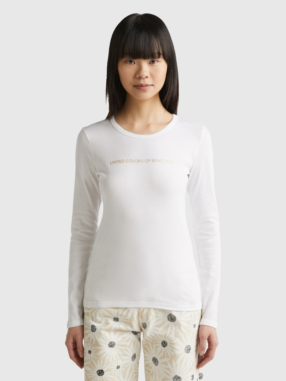Benetton, T-shirt Blanc Manches Longues 100 % Coton, Blanc, Femme