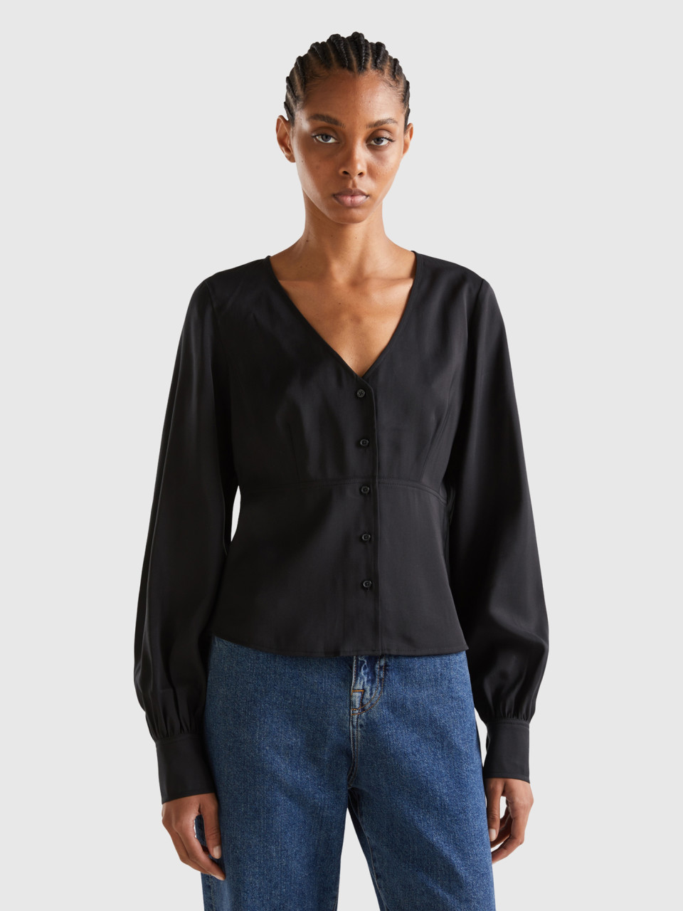 Benetton, V-neck Shirt In 100% Cotton, Black, Women