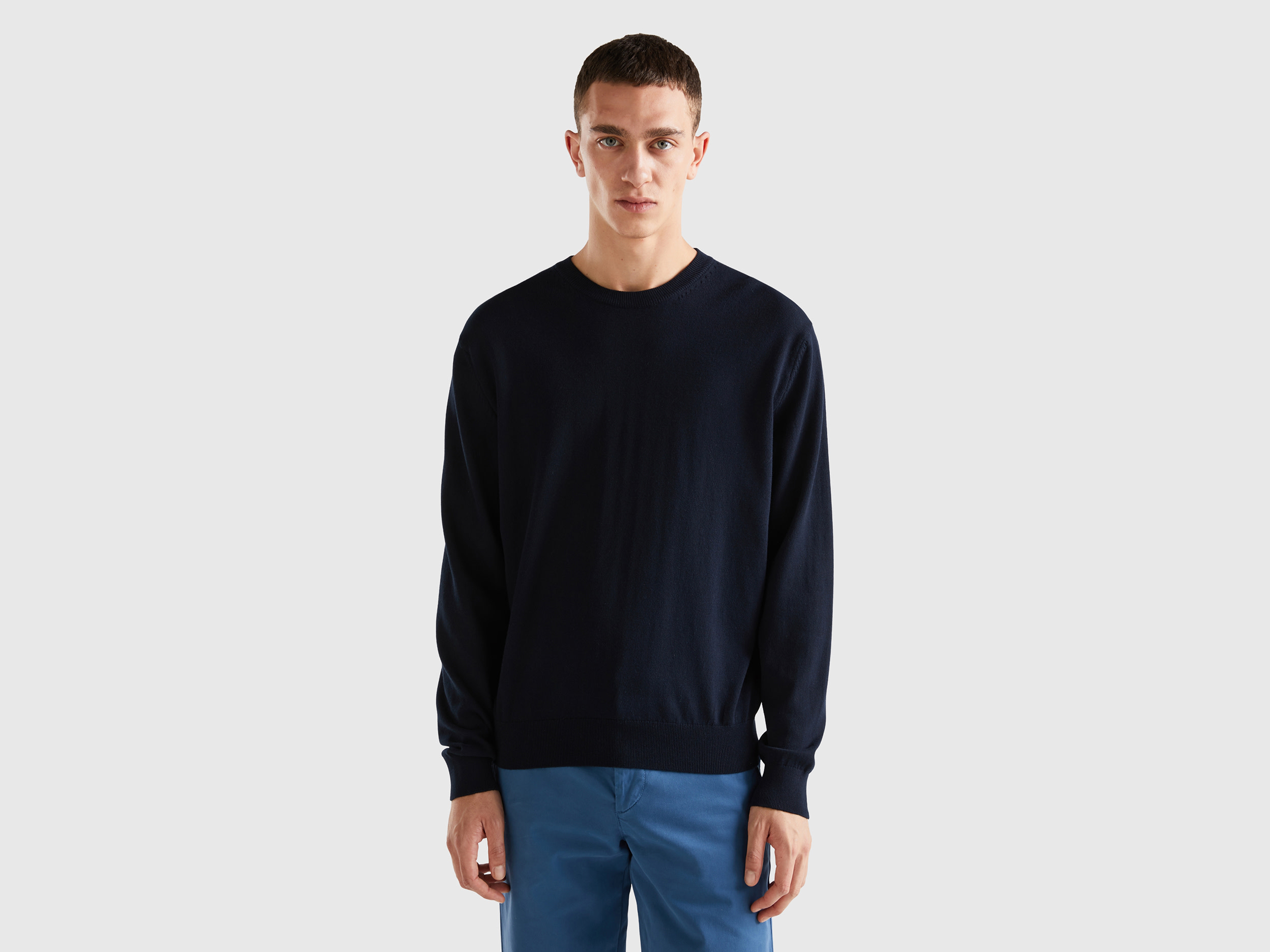 Benetton, Cotton And Wool Crew Neck Sweater, size S, Dark Blue, Men