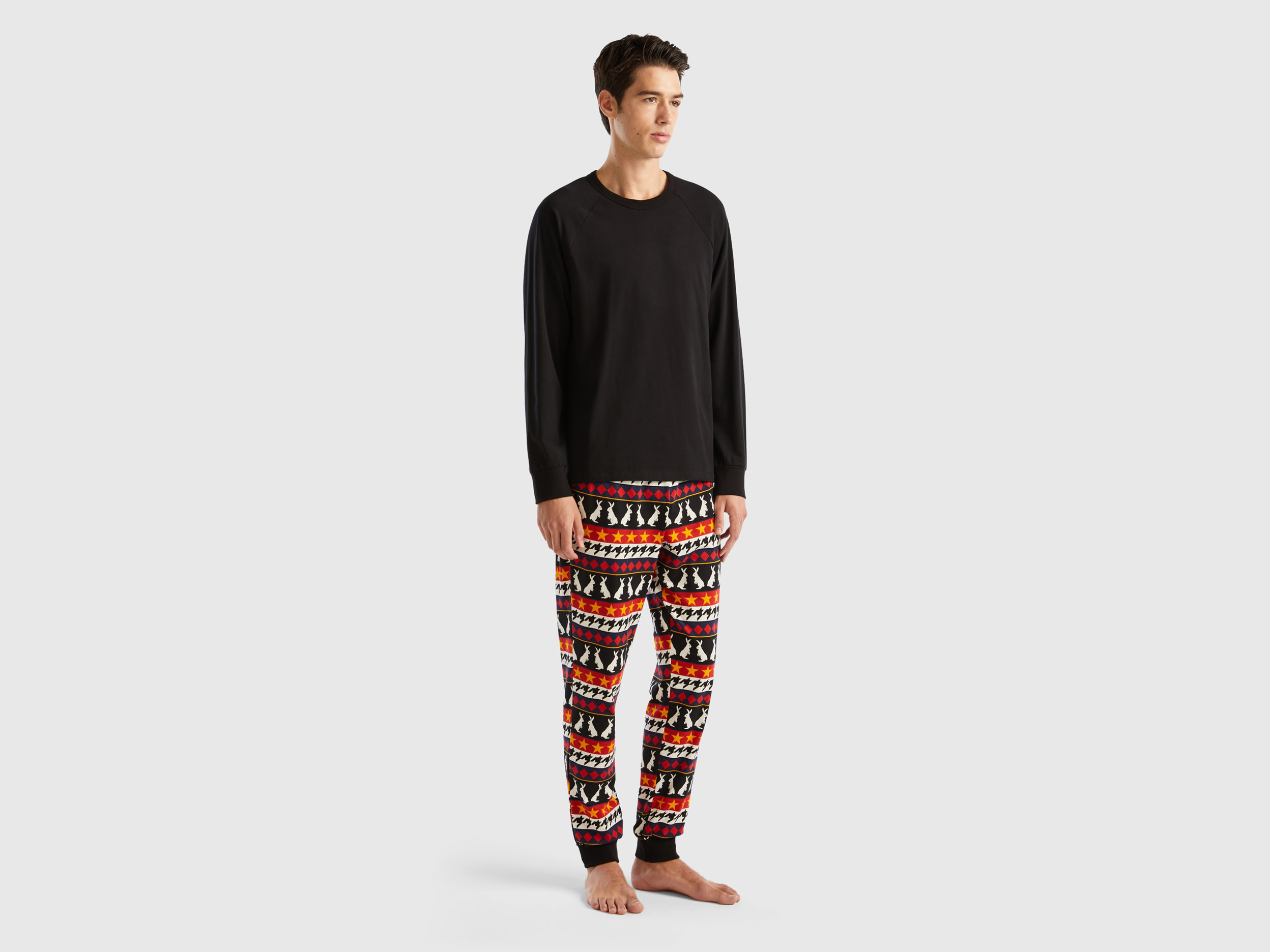Benetton, Warm Stretch Cotton Pyjamas, size XL, Black, Men