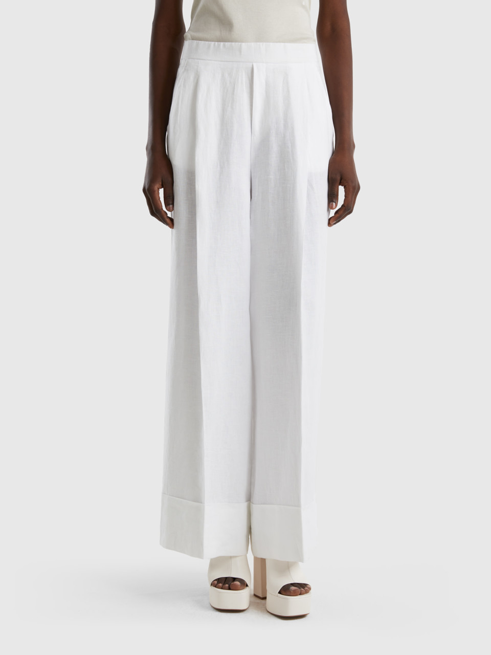 Benetton, Palazzo Trousers In 100% Linen, White, Women