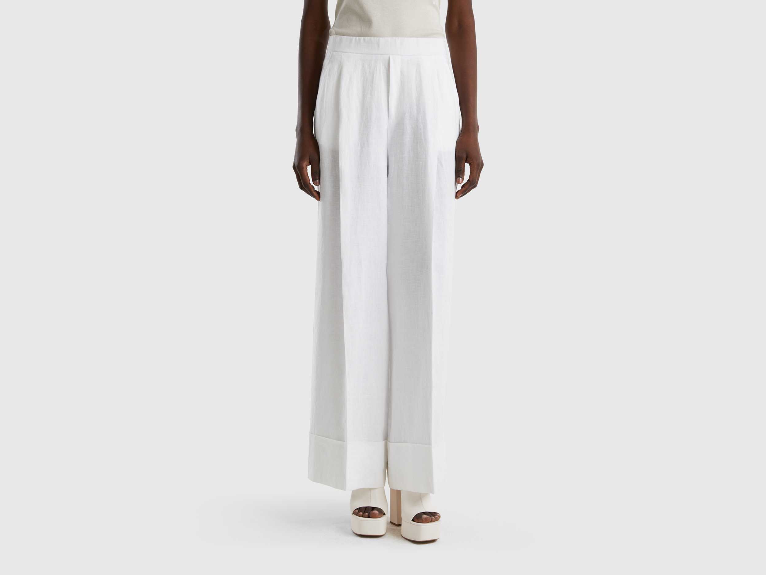 Benetton, Palazzo Trousers In 100% Linen, size M, White, Women