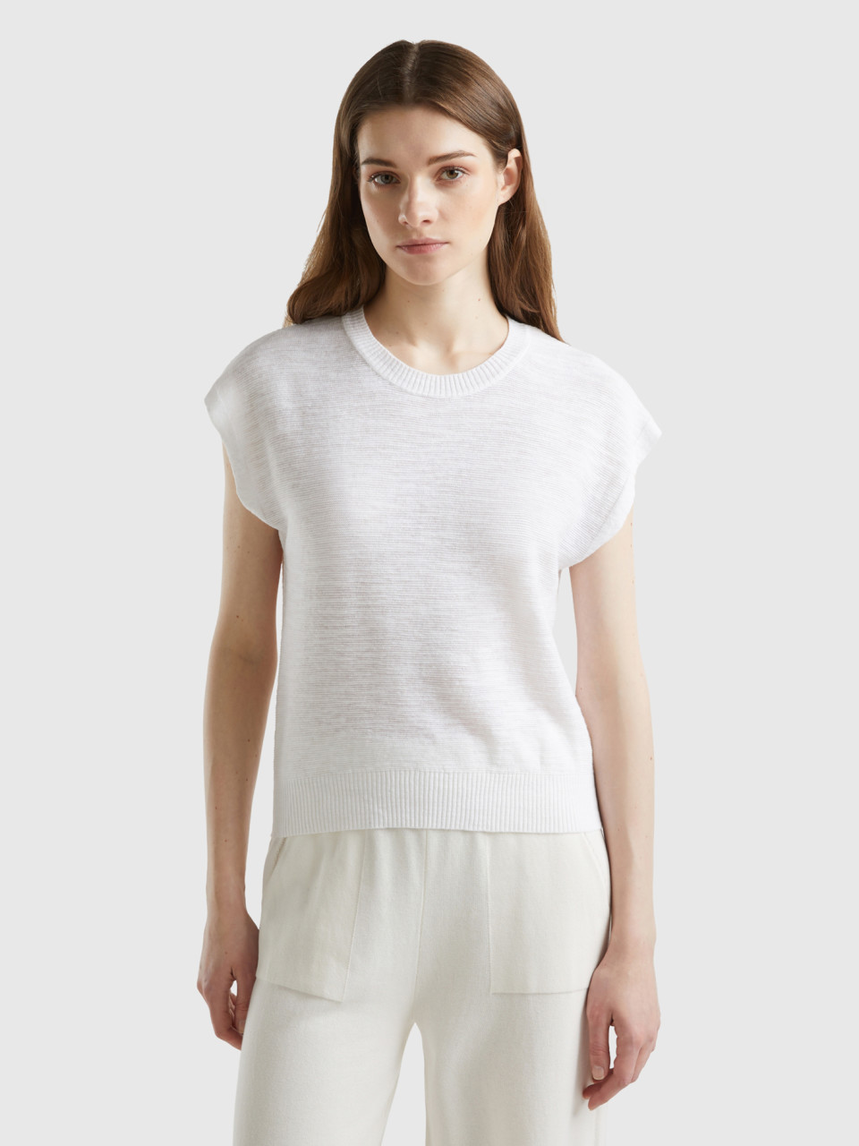 Benetton, Vest In Cotton And Linen Blend, White, Women