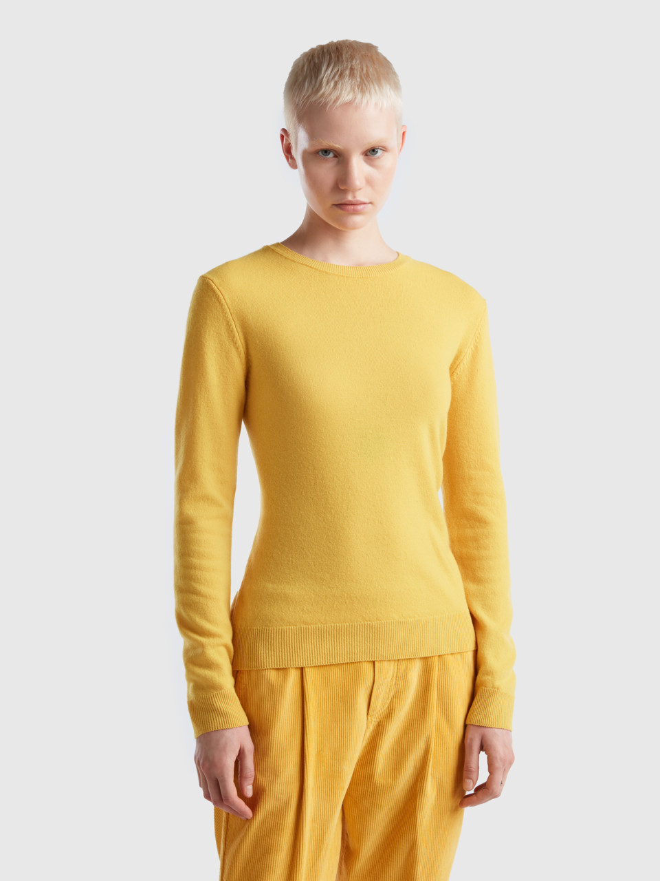 Benetton, Yellow Crew Neck Sweater In Merino Wool, Yellow, Women
