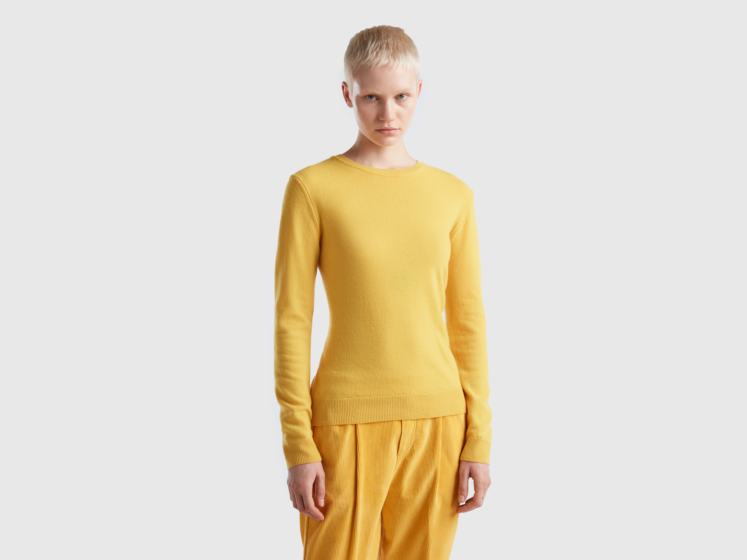Benetton, Yellow Crew Neck Sweater In Merino Wool, size L, Yellow, Women