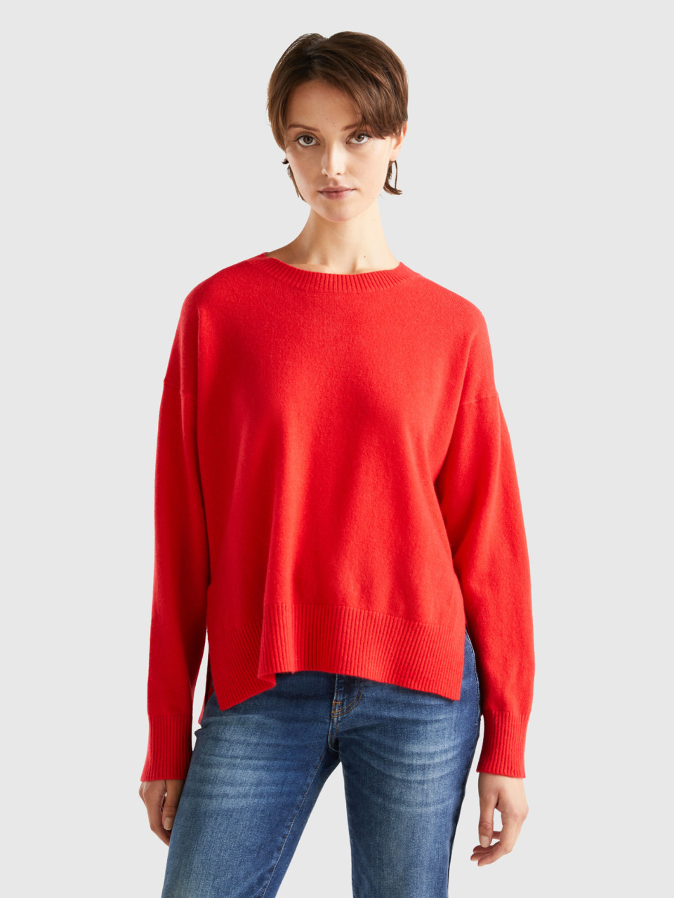 Benetton, Coral Red Sweater In 100% Cashmere, , Women