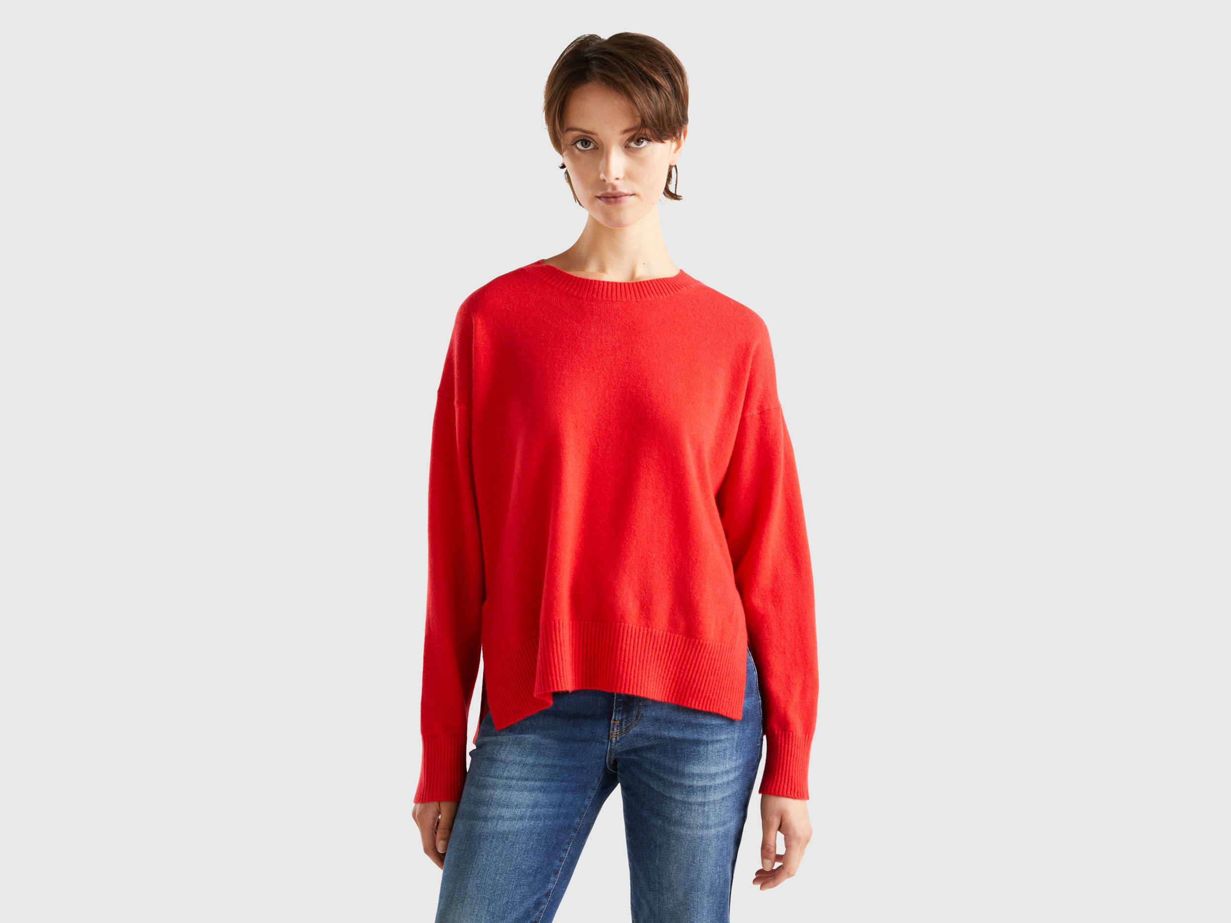 Benetton, Coral Red Sweater In 100% Cashmere, size L-XL, , Women