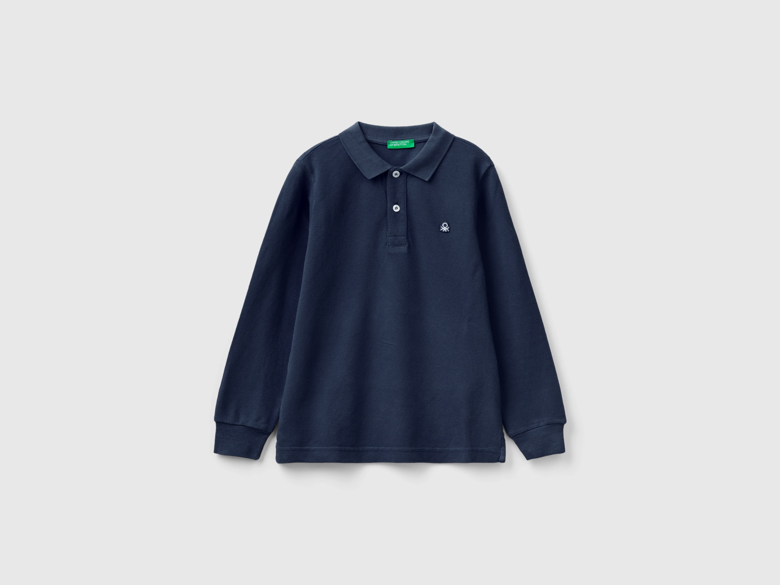 Image of Benetton, 100% Organic Cotton Long Sleeve Polo, size 2XL, Dark Blue, Kids