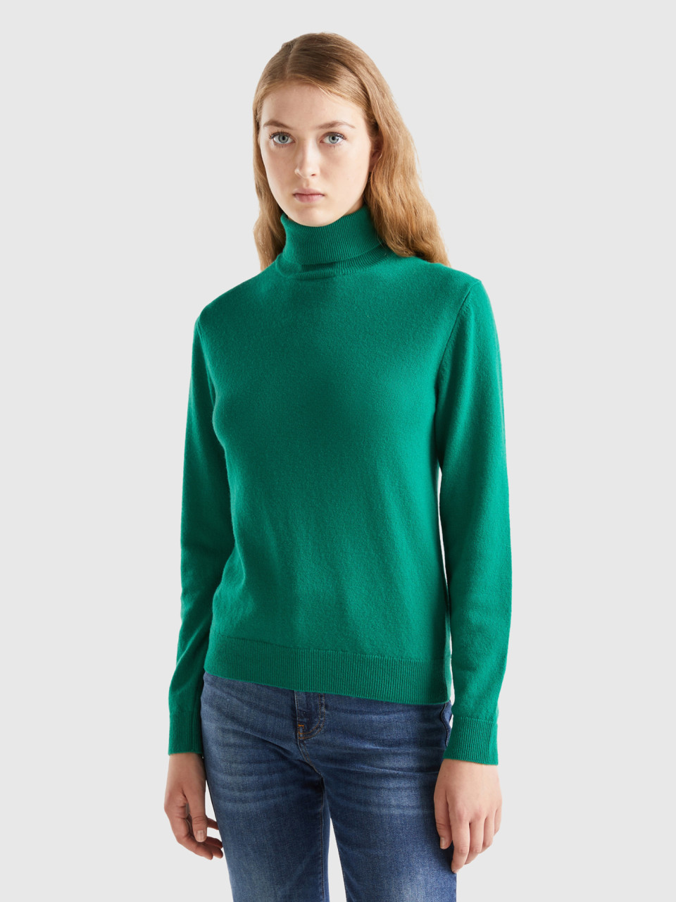 Benetton, Forest Green Turtleneck In Pure Merino Wool, Green, Women