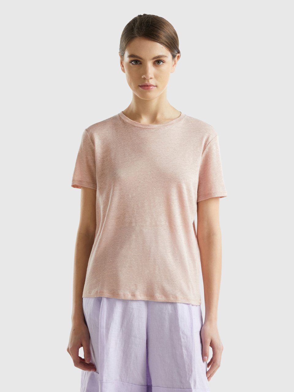 Benetton, Crew Neck T-shirt In Pure Linen, Soft Pink, Women