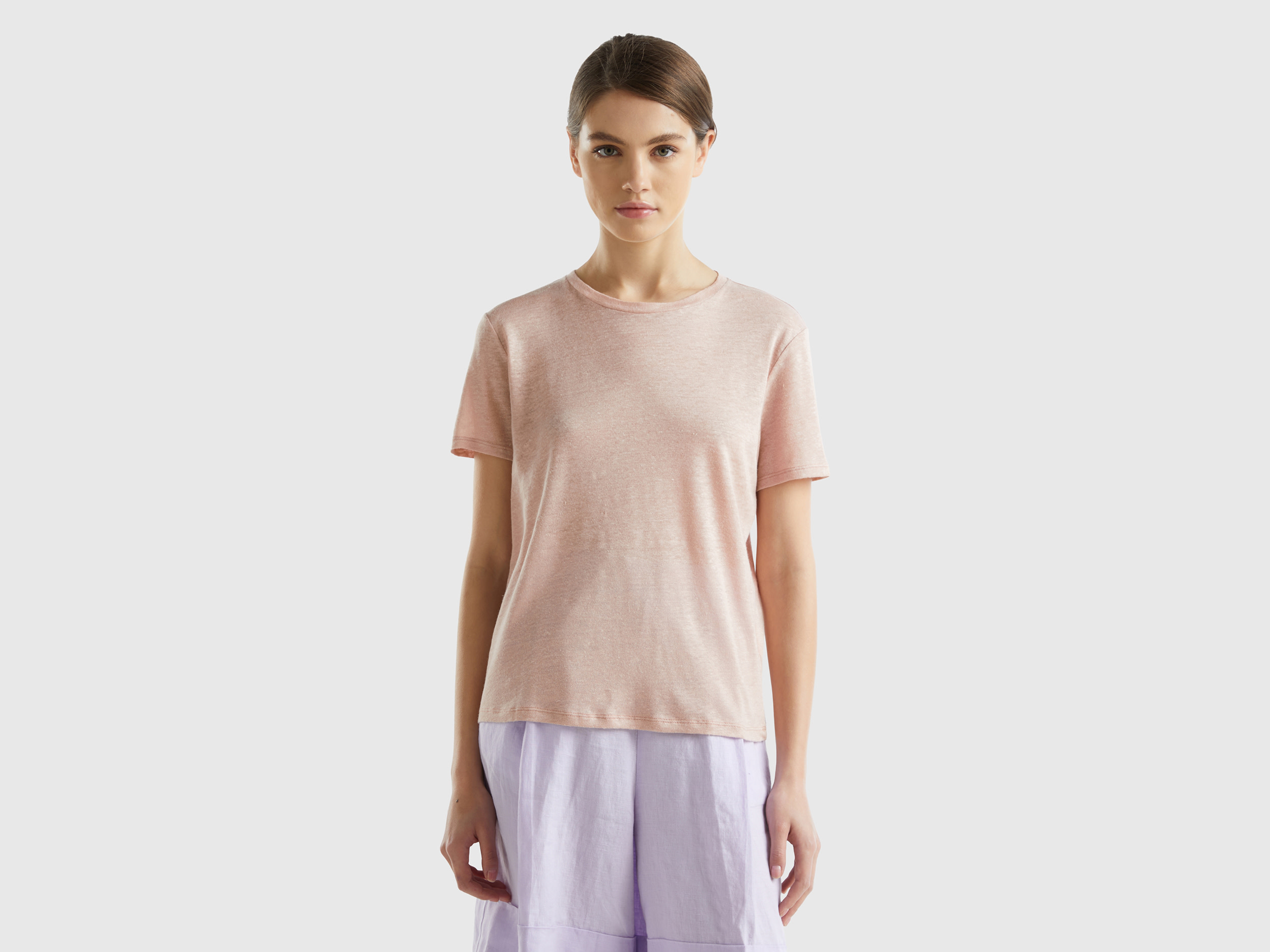 Benetton, Maglietta Girocollo In Puro Lino, Rosa Tenue, Donna