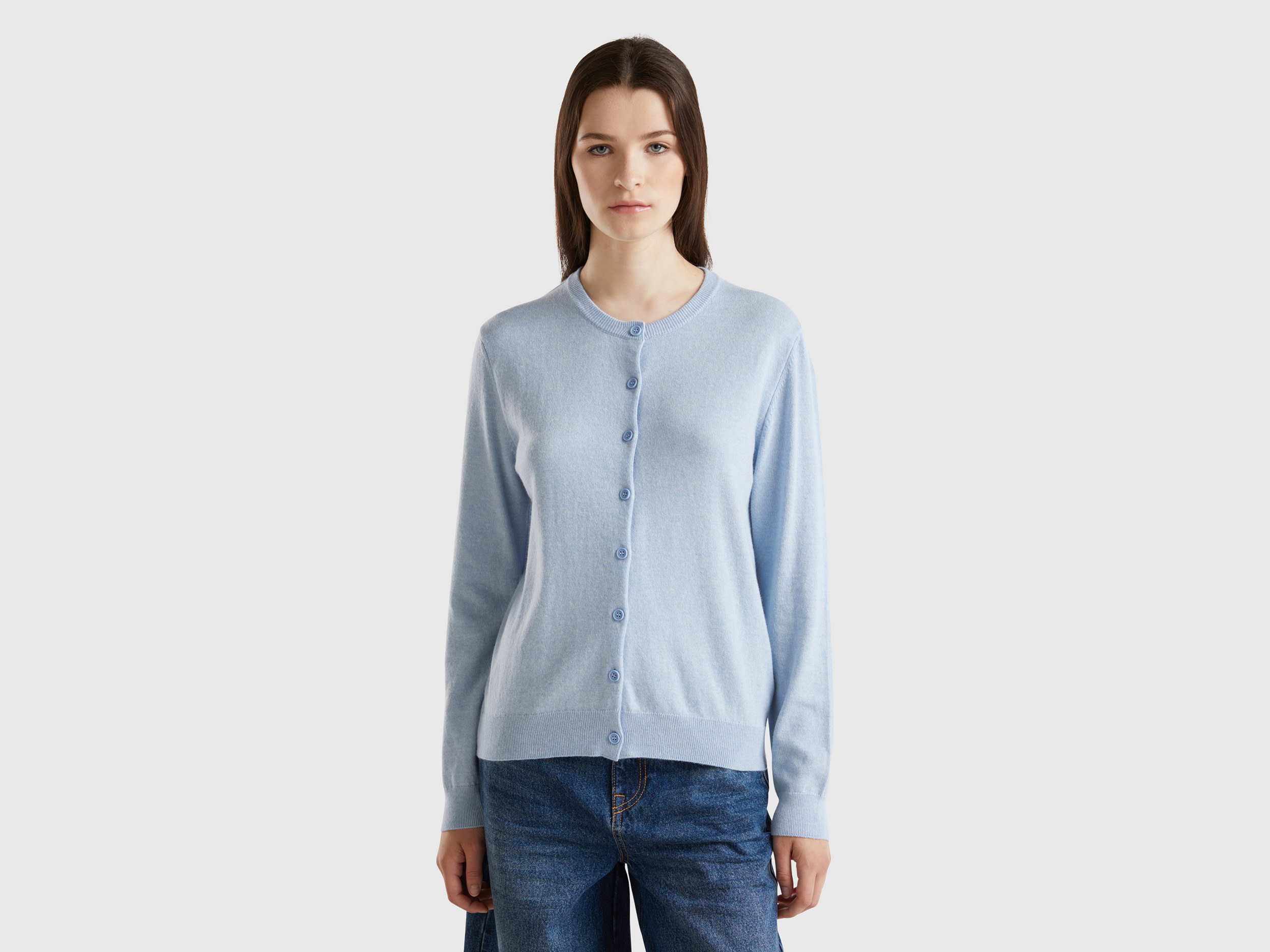 Benetton, Cardigan Carta Da Zucchero In Misto Lana E Cashmere, Azzurro, Donna