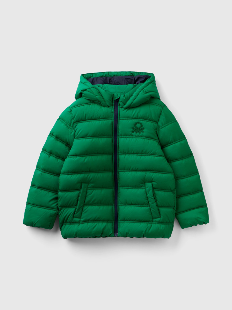 Benetton, Puffer Jacket With Hood And Logo, Green, Kids