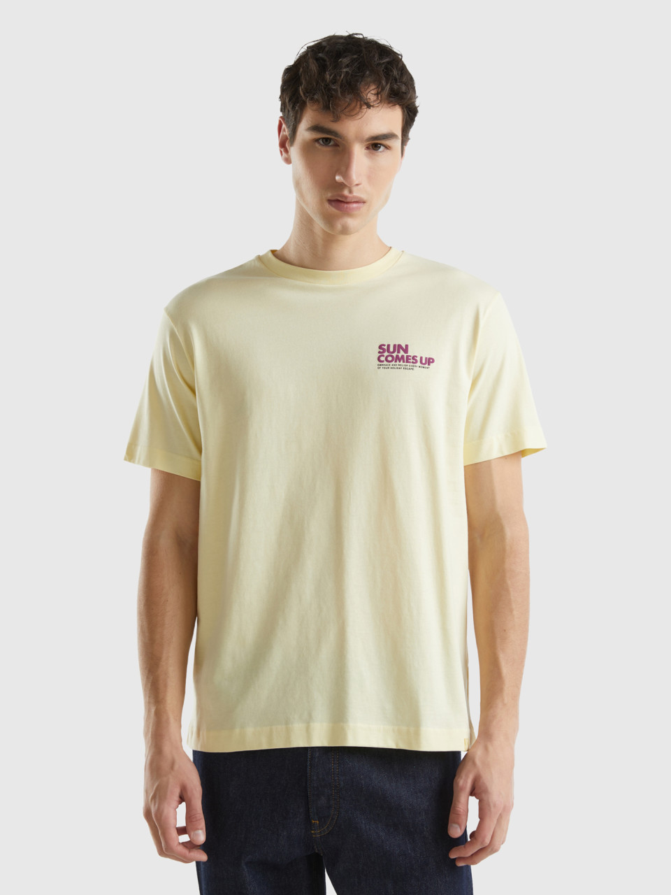 Benetton, T-shirt With Print On Front And Back, Yellow, Men