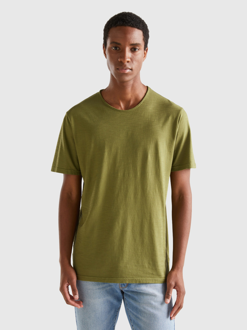 Benetton, T-shirt Vert Militaire En Coton Flammé, Kaki, Homme