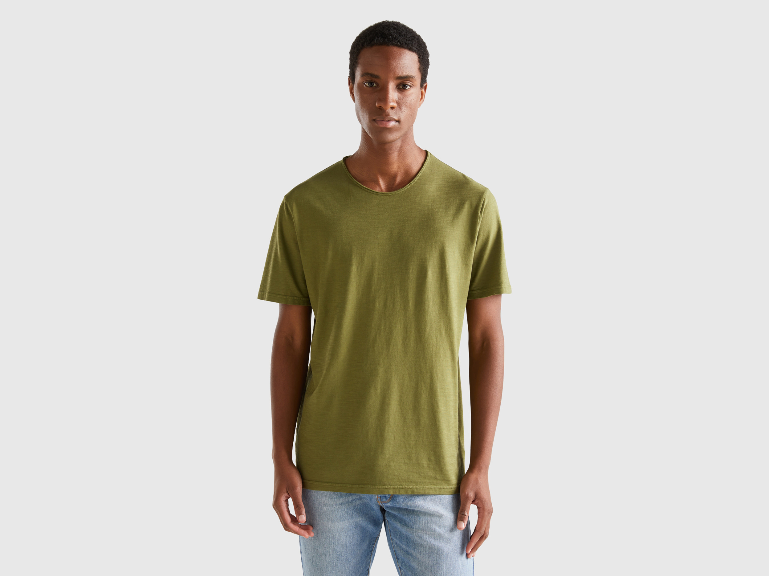 Benetton, Military Green T-shirt In Slub Cotton, size XXXL, Military Green, Men