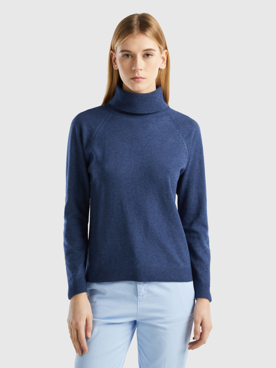 Benetton, Air Force Blue Turtleneck Sweater In Cashmere And Wool Blend, Air Force Blue, Women