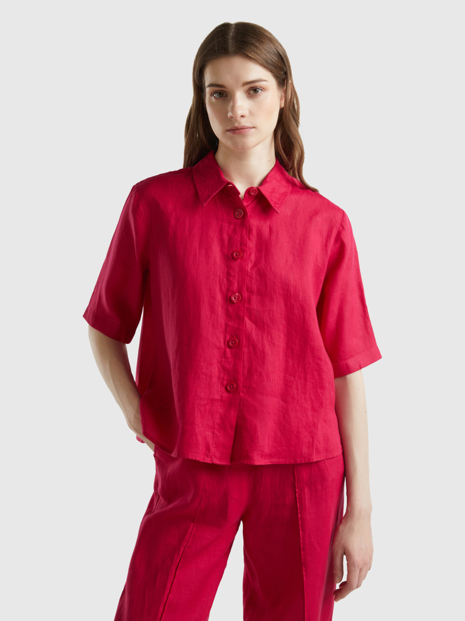Benetton, Short Shirt In Pure Linen, Cyclamen, Women