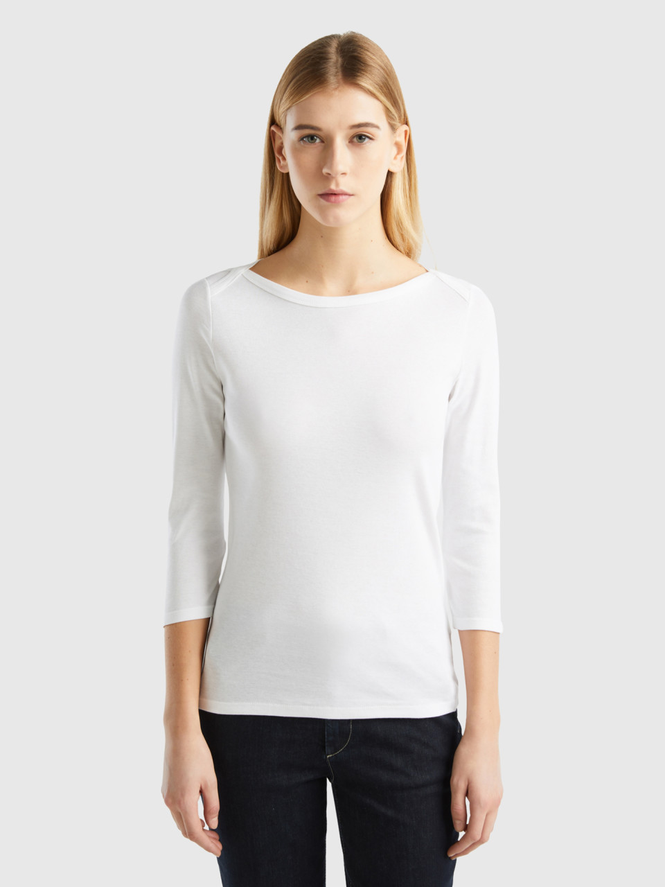 Benetton, Camiseta De 100 % Algodón Con Escote Barco, Blanco, Mujer