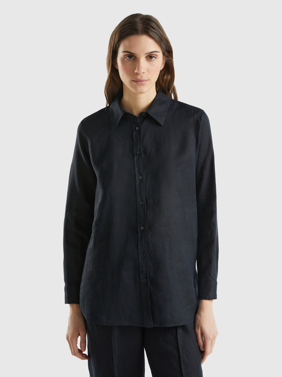 Benetton, Long Shirt In Pure Linen, Black, Women
