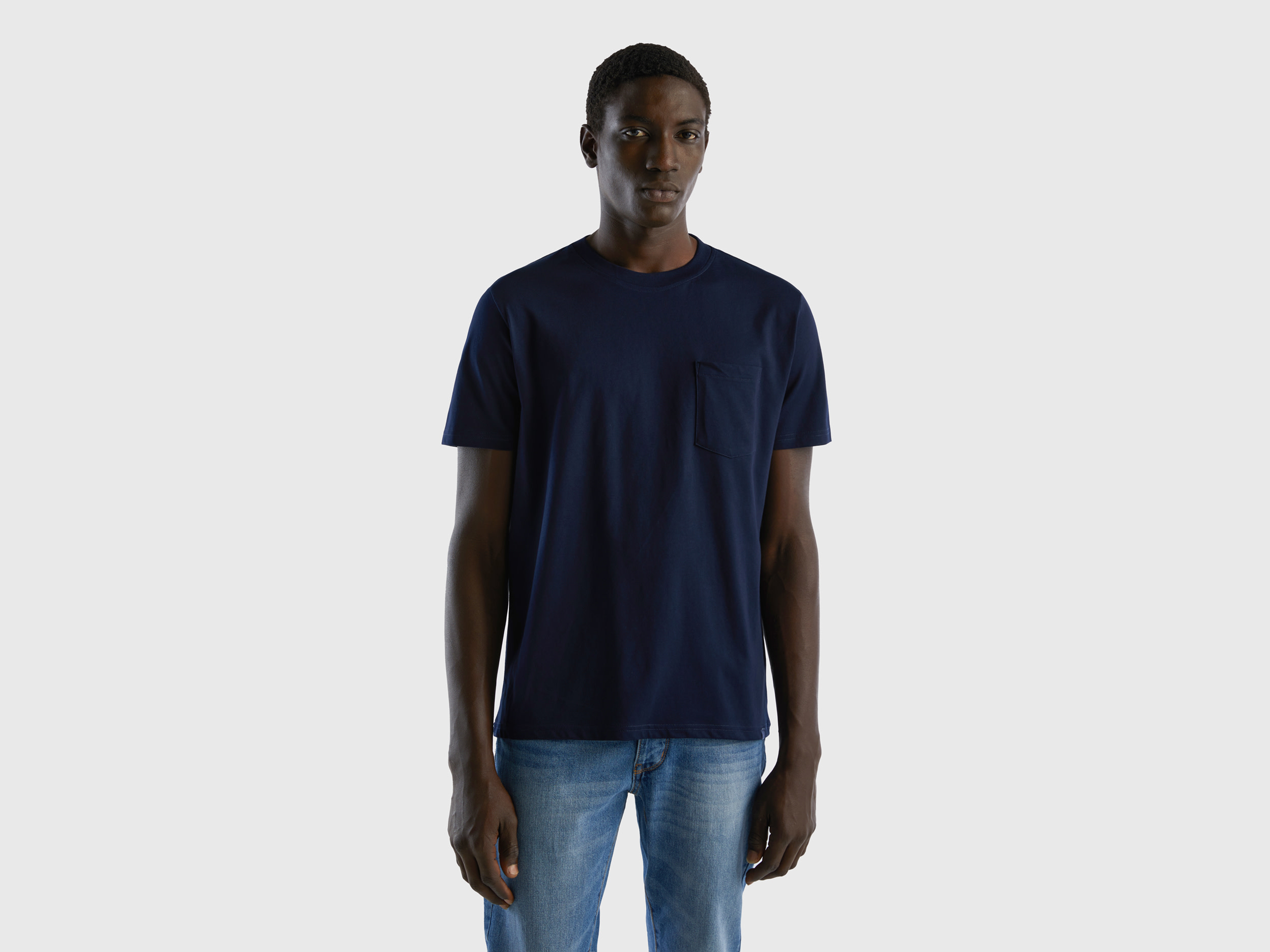 Benetton, T shirt 100% Cotone Con Taschino, Blu Scuro, Uomo