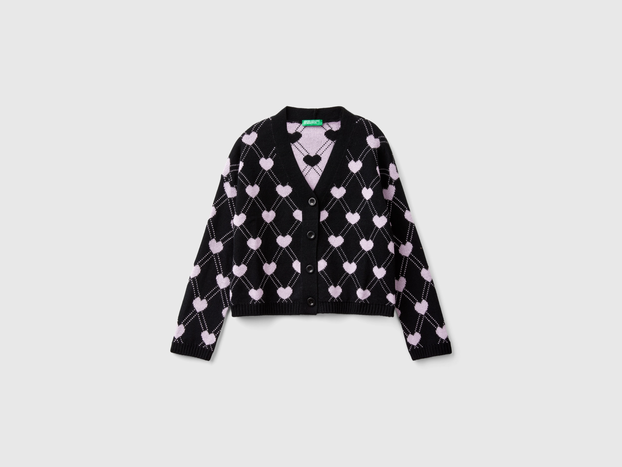 Benetton, Cardigan Con Motivo Cuori, Nero, Bambini