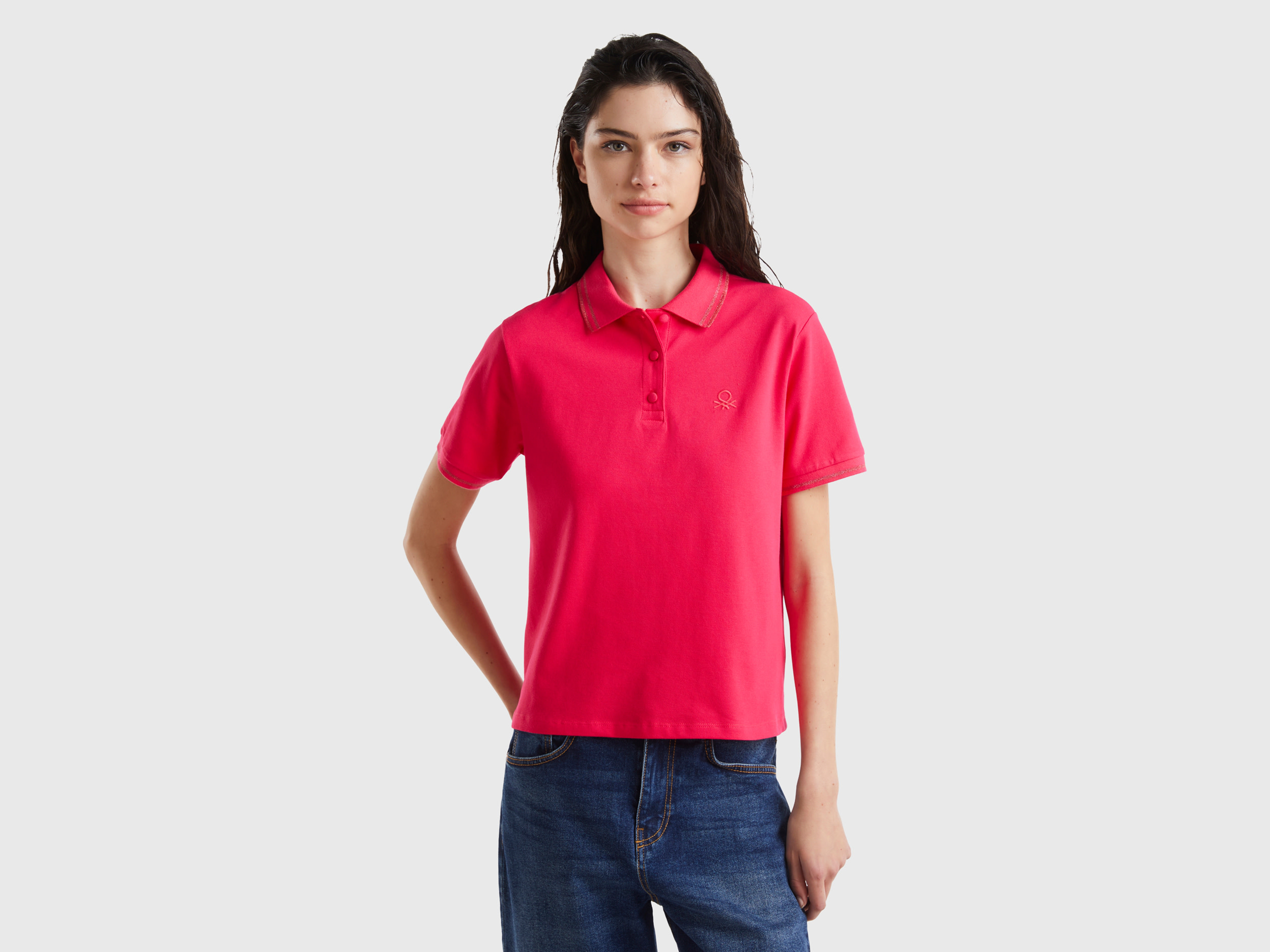 Image of Benetton, Fuchsia Polo In Stretch Organic Cotton, size L, Fuchsia, Women