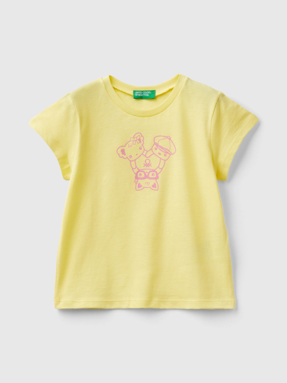 Benetton, Camiseta De 100 % Algodón Con Estampado, Amarillo, Niños