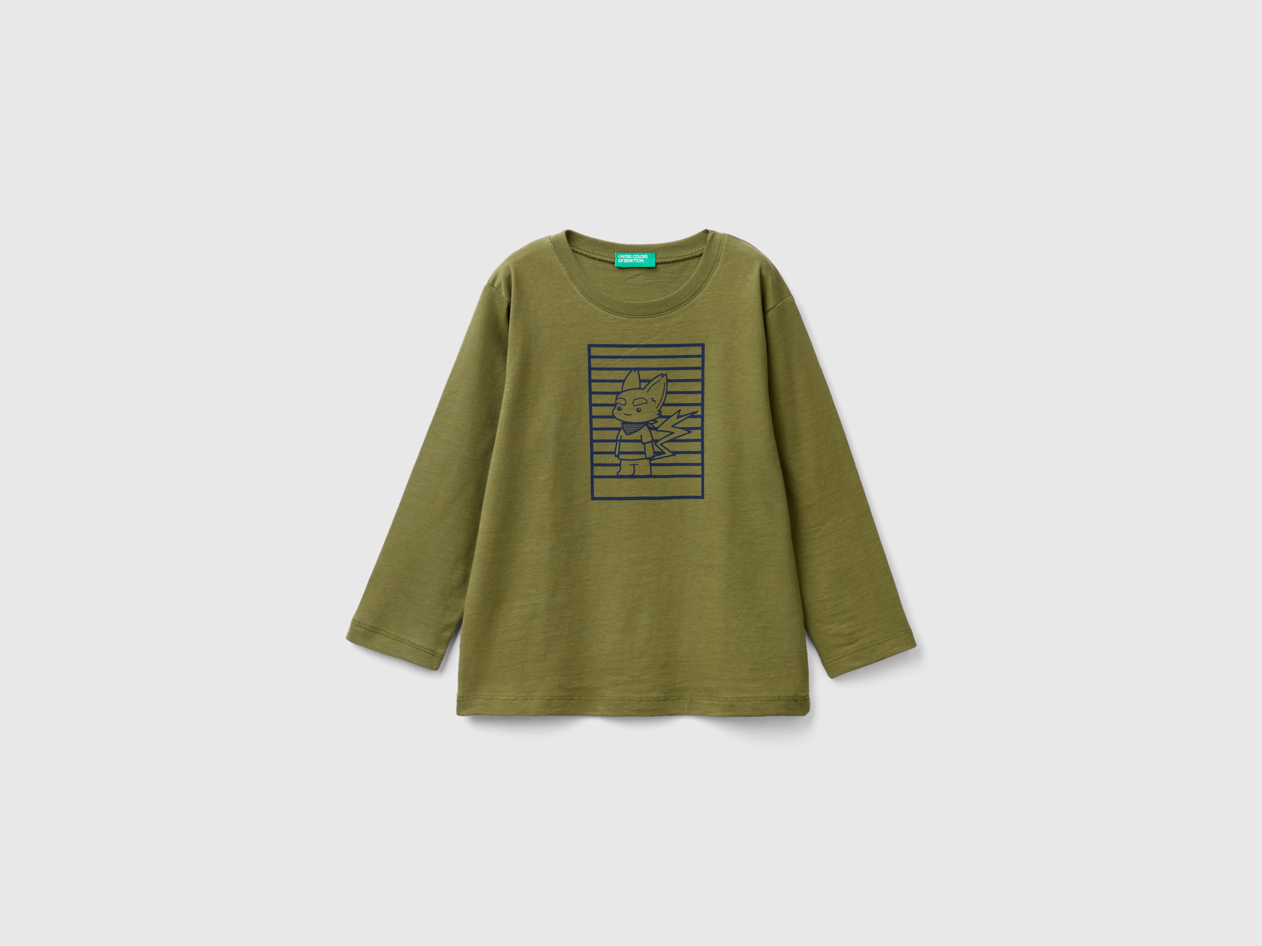 Benetton, Sweater In Cotton With Print, size 2-3, Military Green, Kids
