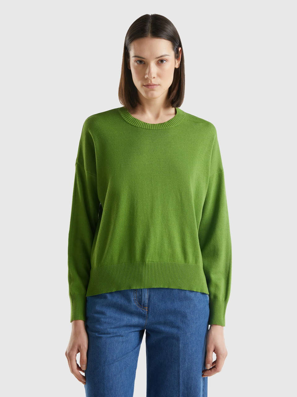 Benetton, Crew Neck Sweater In Tricot Cotton, Military Green, Women