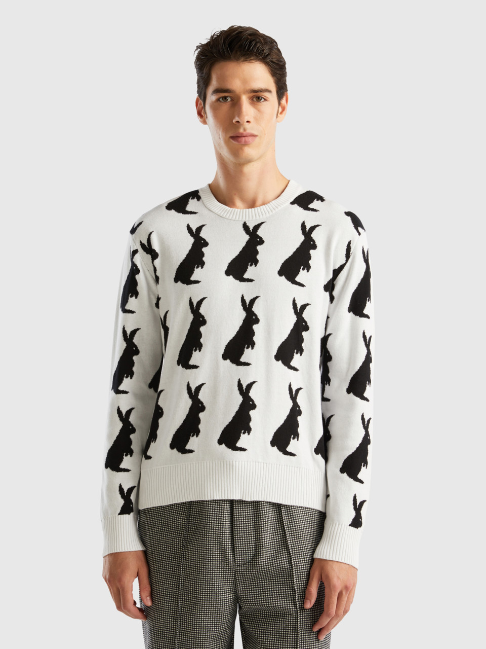 Benetton, Sweater With Bunny Pattern, White, Men