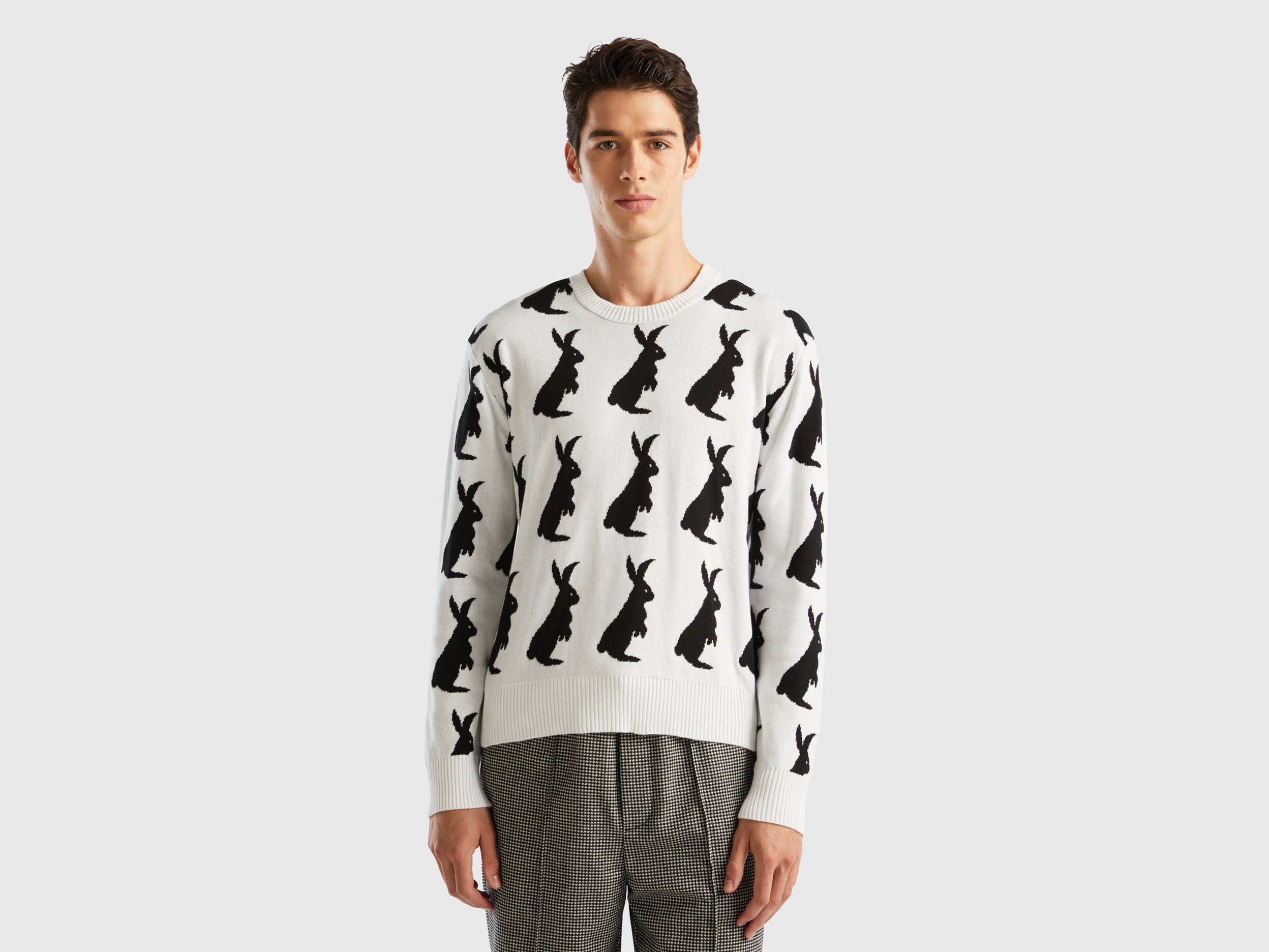 Benetton, Sweater With Bunny Pattern, size XXL, White, Men