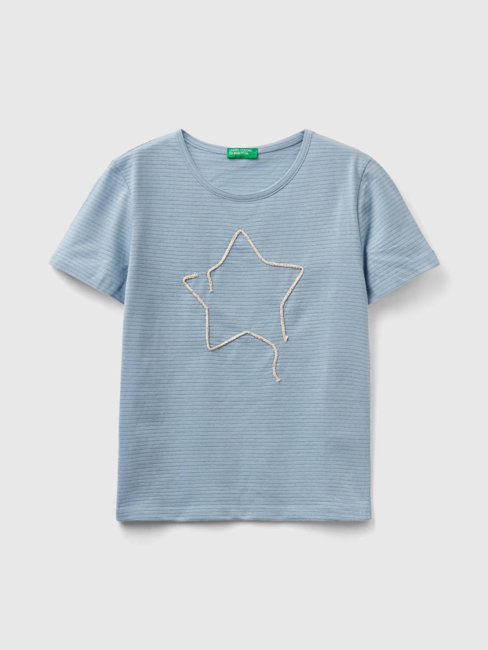 Benetton, T-shirt With Cord Embroidery, Sky Blue, Kids