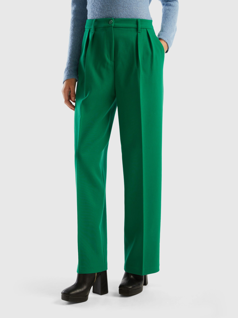 Benetton, Pantalon Ample Plissé, Vert, Femme