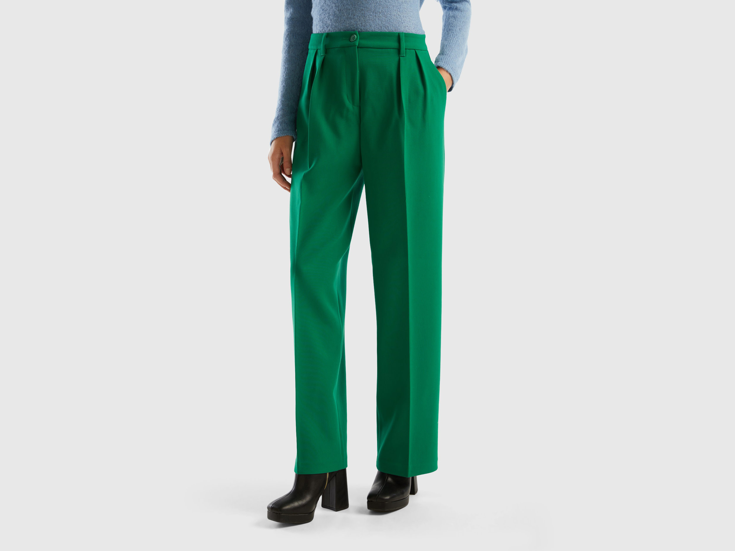 Benetton, Wide Trousers With Pleats, size 12, Green, Women