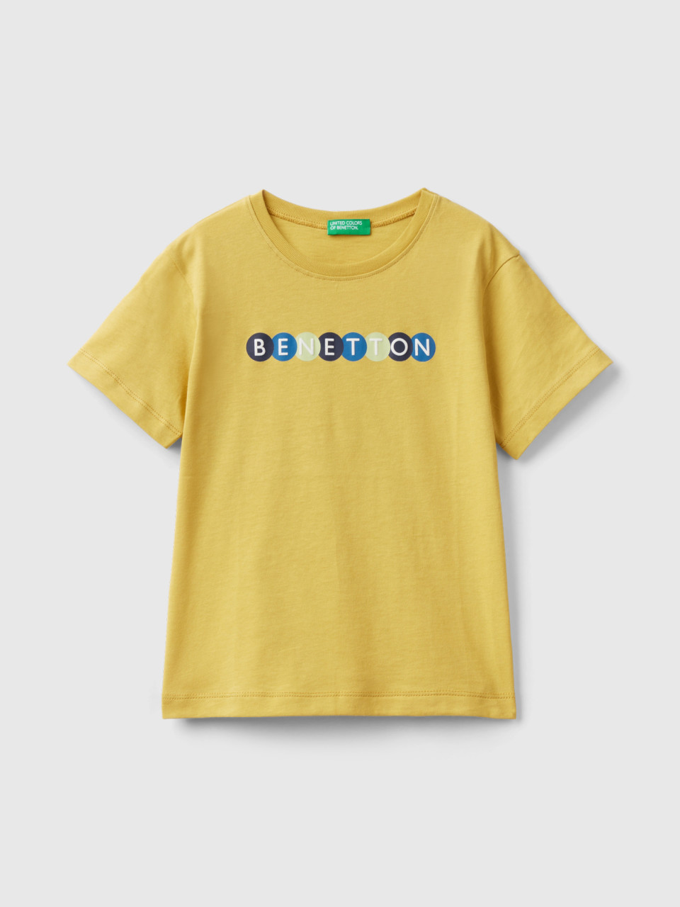 Benetton, Camiseta De 100 % Algodón Orgánico Con Estampado, Mostaza, Niños