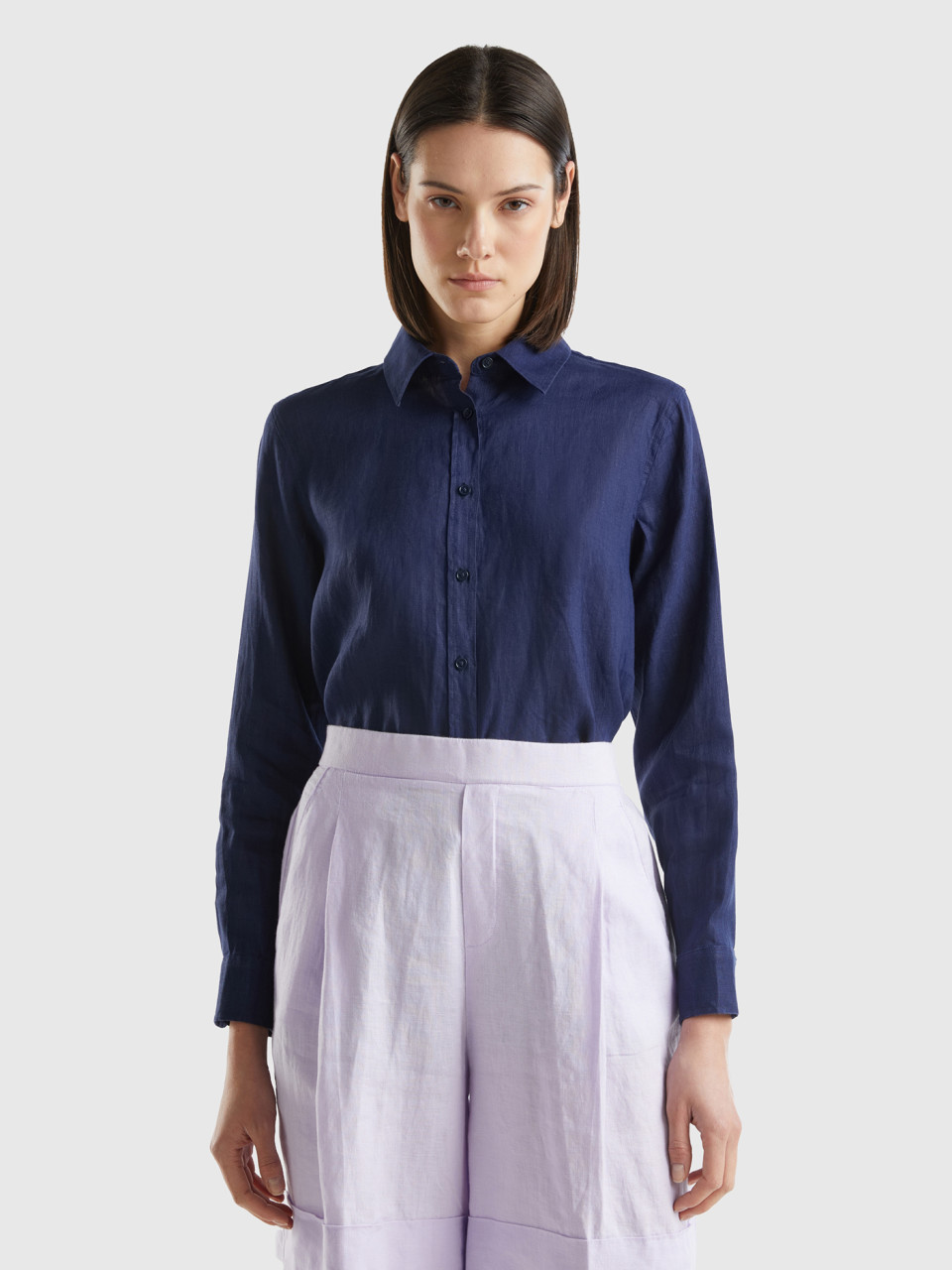 Benetton, Long Shirt In Pure Linen, Dark Blue, Women