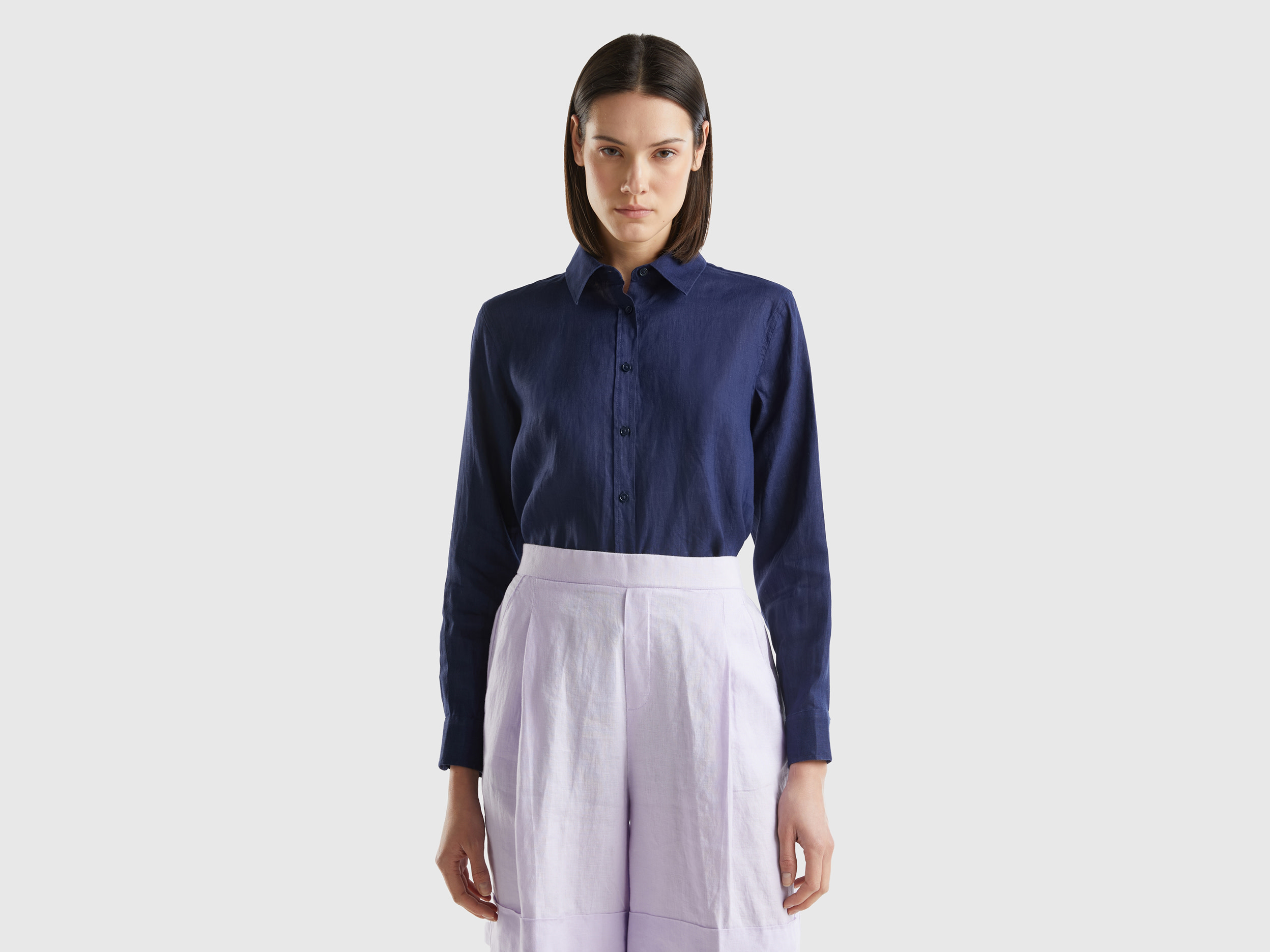 Benetton, Camicia Lunga In Puro Lino, Blu Scuro, Donna
