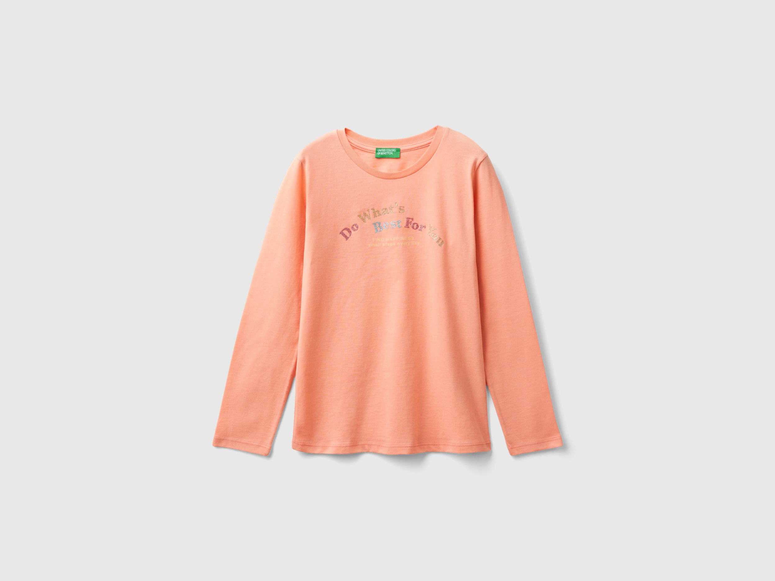 Benetton, T-shirt Manica Lunga In Cotone Bio, Pesca, Bambini
