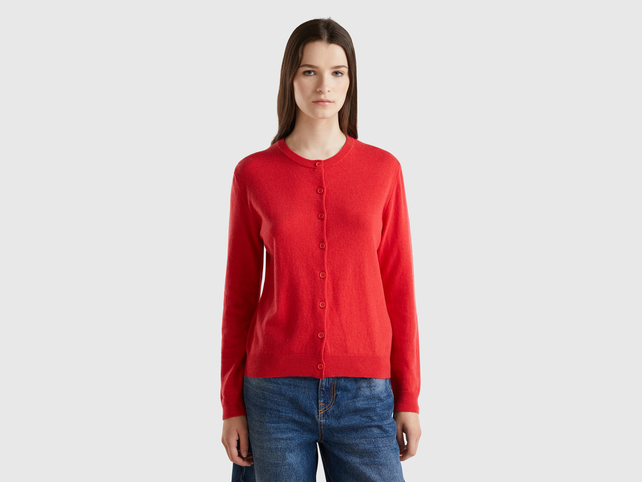 Benetton, Cardigan Rosso In Misto Lana E Cashmere, Rosso, Donna