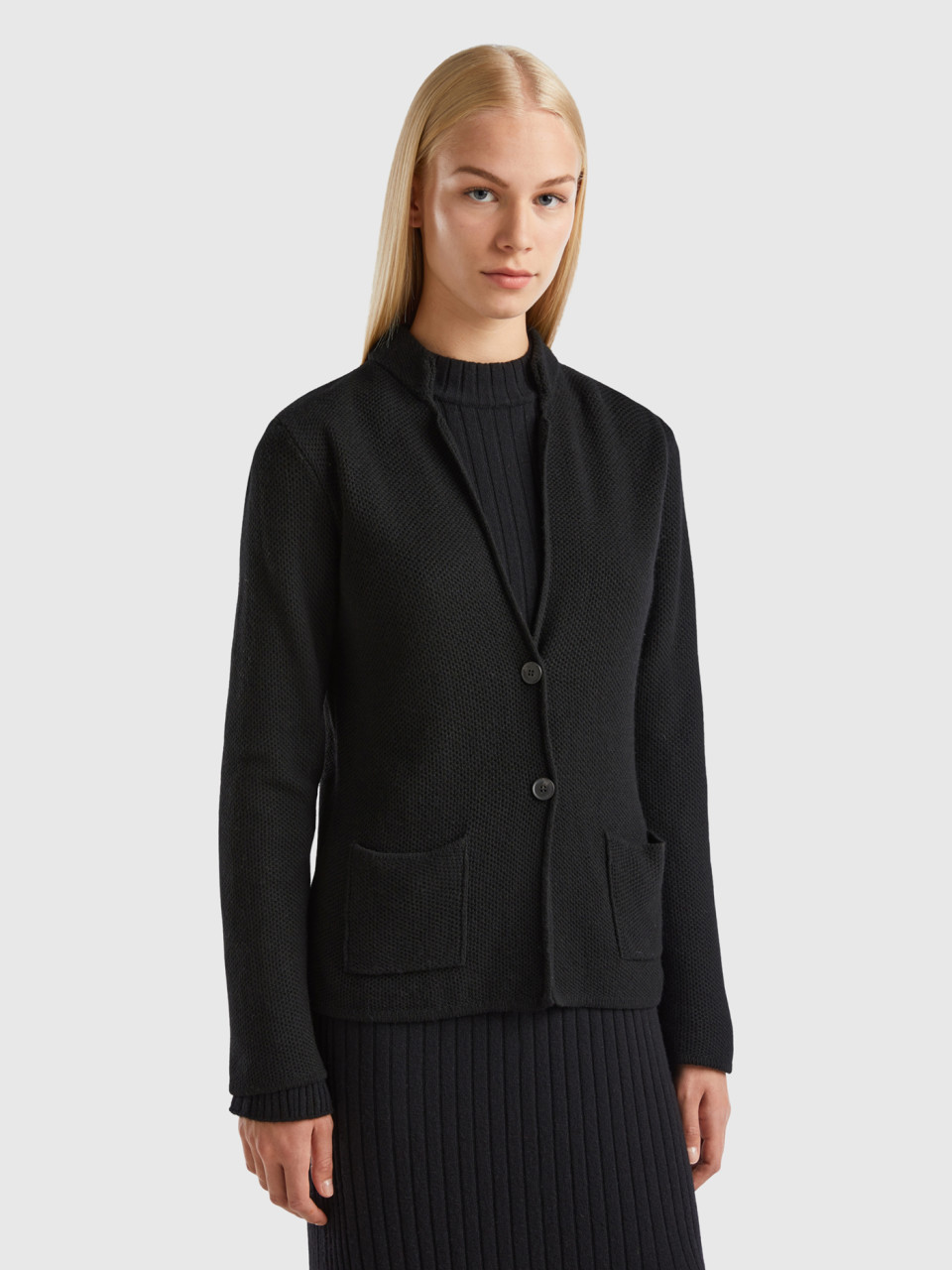 Benetton, Knit Jacket In Wool And Cashmere Blend, Black, Women