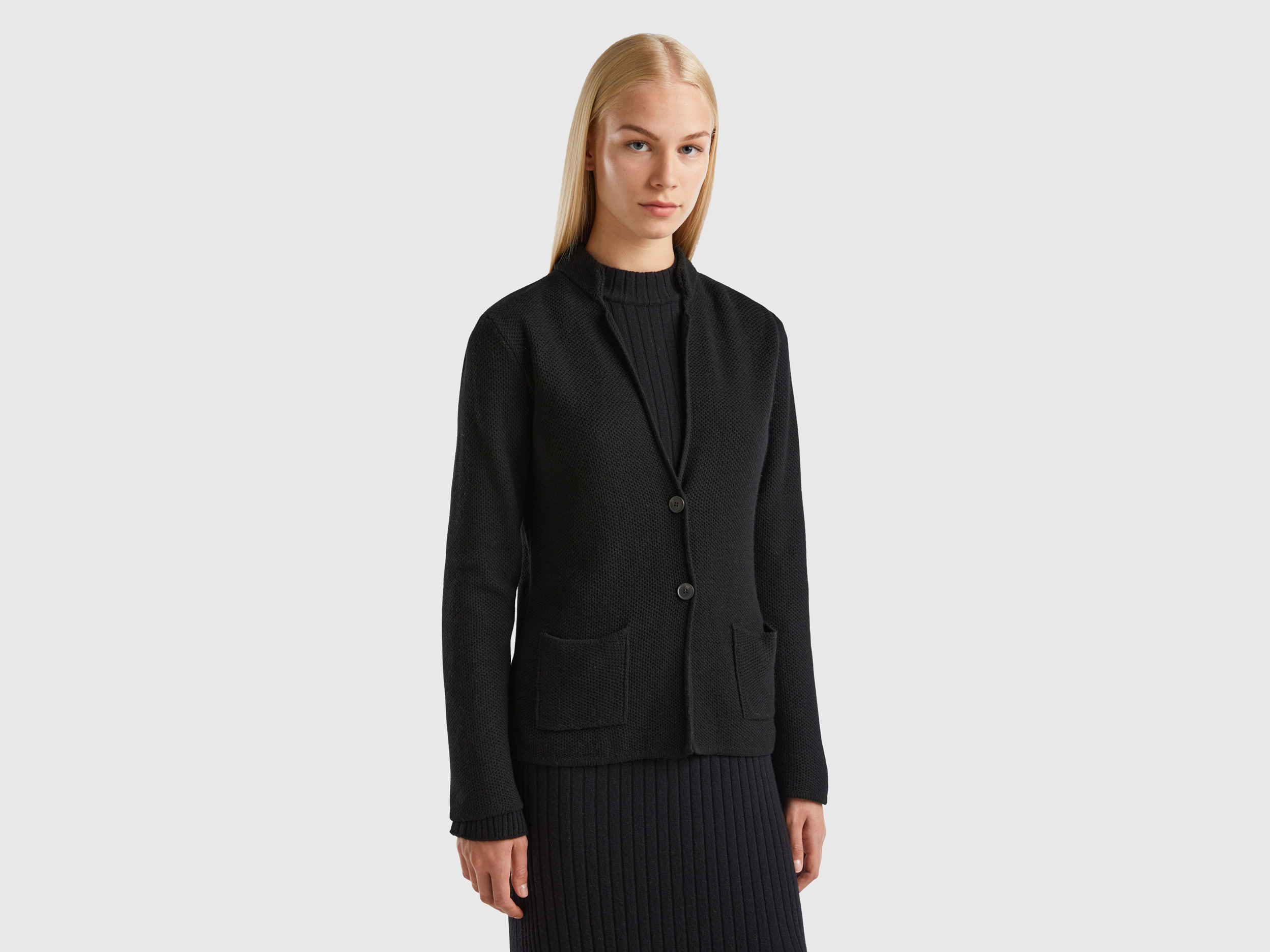 Benetton, Knit Jacket In Wool And Cashmere Blend, size XS, Black, Women